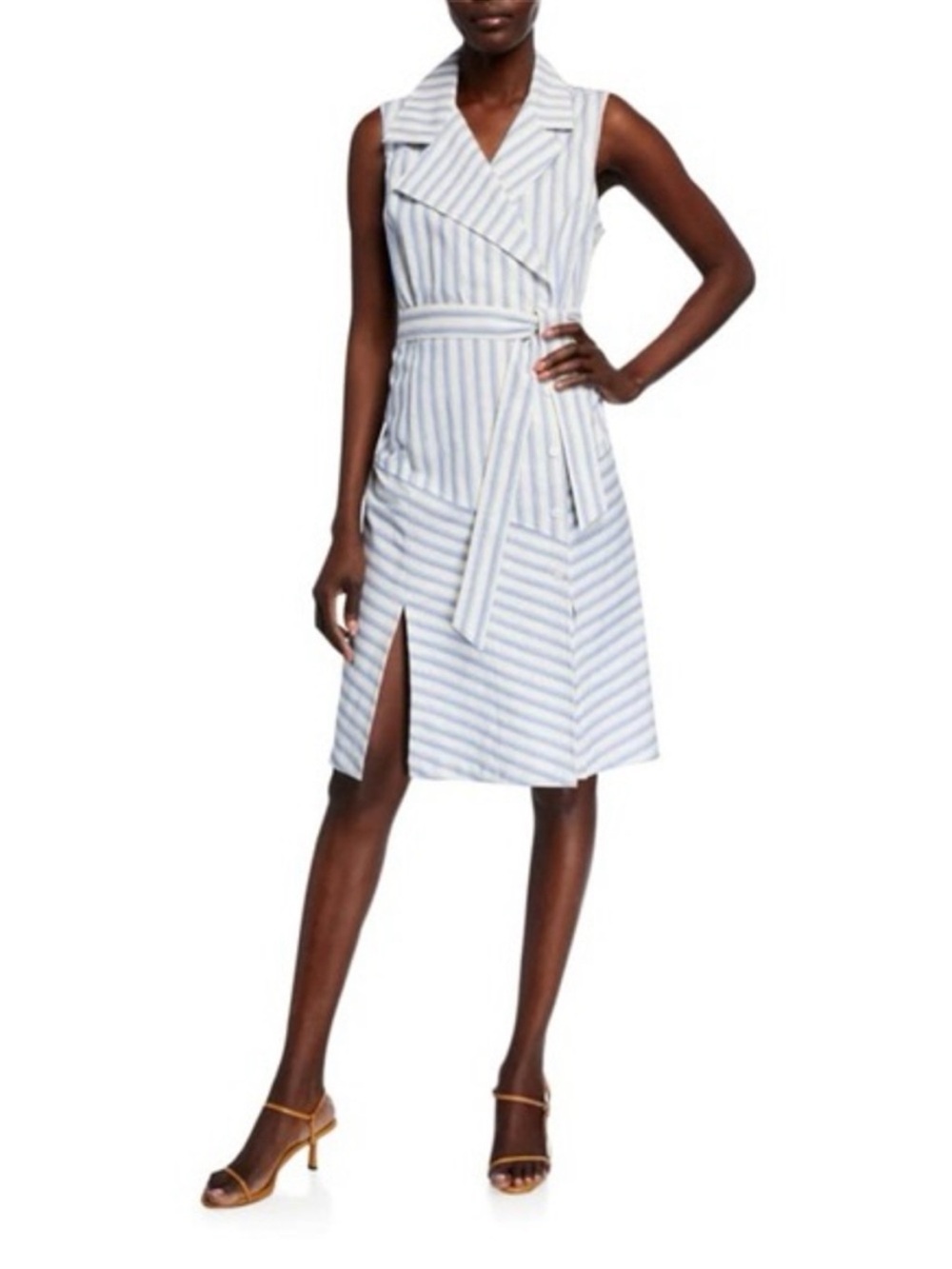 Finley Marni Ticking Stripe Sleeveless Trench Dress Blue White S Belted